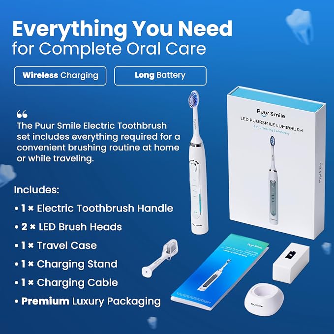 Soft Bristle Electric Toothbrush, Rechargeable with Wireless Charging by Puur Smile - 2 (Blue led) Brush Heads for Adults | 4 Cleaning Modes with Smart Timer, IPX7 Waterproof, Long-Lasting Battery