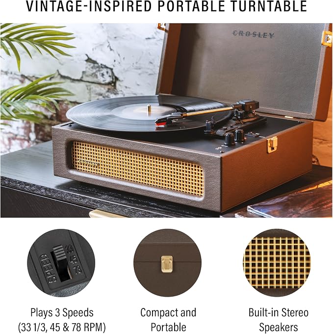 Crosley CR8017B-CO Voyager Vintage Portable Vinyl Record Player Turntable with Bluetooth in/Out and Built-in Speakers, Cocoa | Vinyl Record Player, Bluetooth In/Out, Built-in Speakers