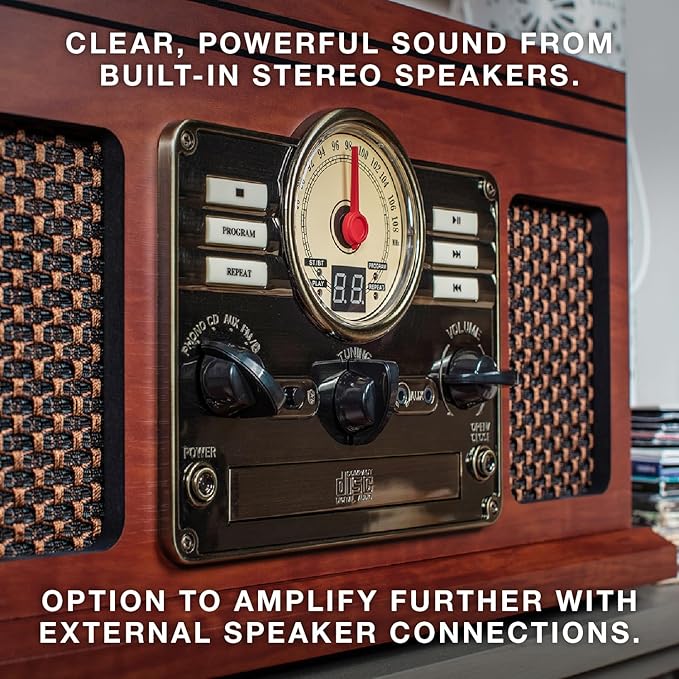 Victrola The Quincy 6-in-1 Bluetooth Record Player & Multimedia Center with Built-in Speakers – 3-Speed Turntable, CD & Cassette Player, FM Radio, Wireless Music Streaming (Farmhouse Oatmeal)