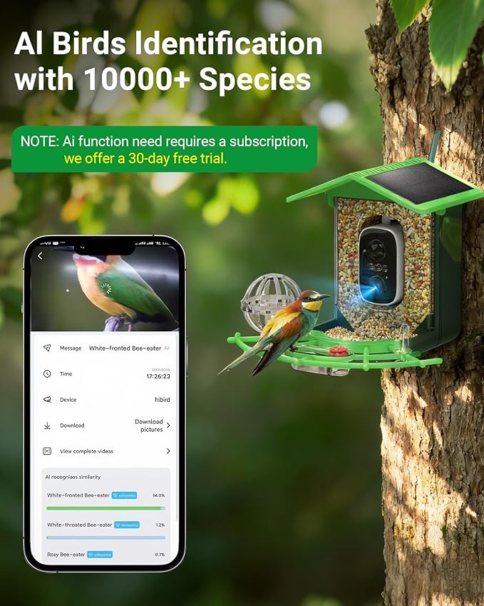 Smart Bird Feeder with Camera, Solar Powered, 2K HD & AI Identification, Color Night Vision, Weatherproof, Live View & Instant Alerts | Ideal Gift for Bird Lovers