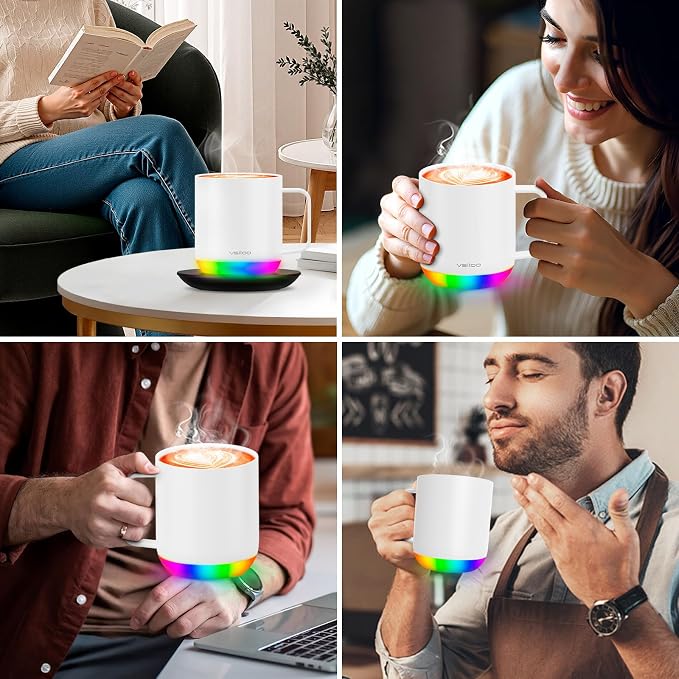 Vsitoo S6 Plus 12oz Smart Self Heating Coffee Mug, AI Auto-Sensing Heated Espresso Mug Temp Control 120-150℉, Rechargeable Mug Warmer with Music LED, IPX7 Gift for Women Men- White