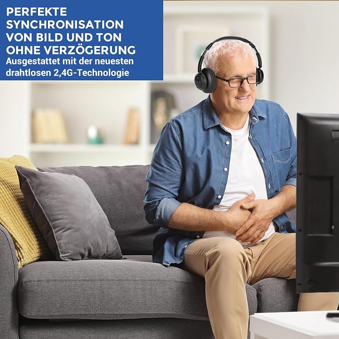 Wireless Headphones for TV Watching, TV Headphones Wireless for Seniors with Transmitter Charging Base, Support Optical,AUX,RCA and USB, High Volume No Audio Delay, Plug and Play, Black