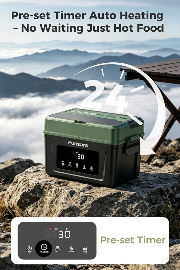 Cordless Heated Lunch Box 1.5L Electric Lunch Box 24000mAh Battery 60W Fast Heating 5-Sided Heating Smart Timer Self Heating Food Warmer Portable for Work Travel Truck Outdoor
