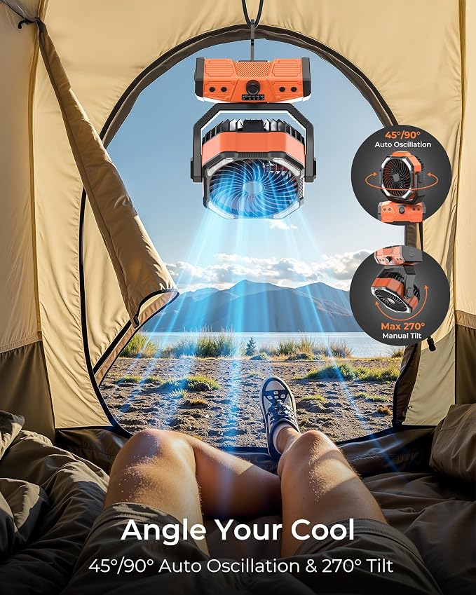 8” Portable Rechargeable Fan, Battery Operated Camping Fan with 27H Work Hours, Remote, Auto Oscillation, Timer, Hook for RV Tent Hurricane Emergency Orange