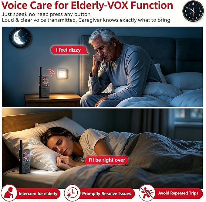 CallToU 2 Way Intercom for Elderly 3300FT Rechargeable 1000mAh Battery, VOX, Ideal for Caregivers & Emergencies Intercoms Wireless for Elder Monitoring Home/Outdoor Family Communication (Black)