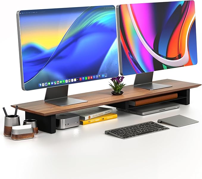 COREMINDED Solid Wood Dual Monitor Stand Riser – 42" Walnut Desk Shelf for 2 Monitors with Tray & Wool Felt, Organizer for Desktop, Laptop and Office (Walnut)