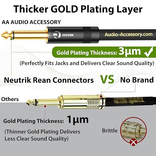 AA AUDIO ACCESSORY Pro Series Guitar Cable 20 ft, Gold-Plated Neutrik REAN Connector, 18 AWG 99.99% OFC, Low Capacitance Straight to Right Angle 1/4 Inch Instrument Cable for Fender Electric Guitar