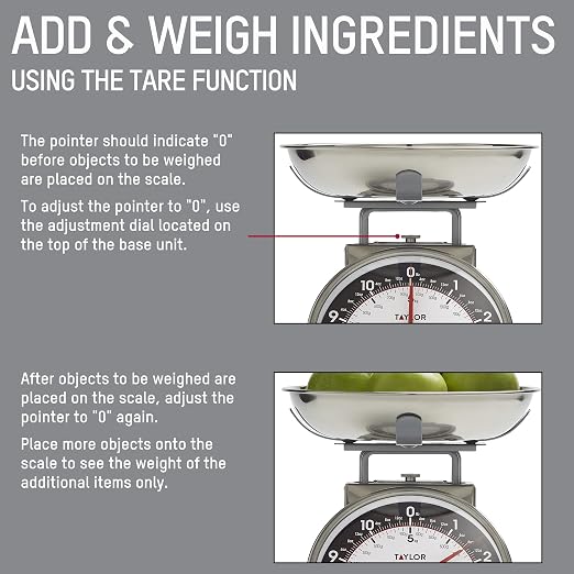 Taylor Mechanical Kitchen Food Scale with Bowl, Weighs Up to 11lbs, Measures in Grams and Ounces, Analog Cooking Scale for Baking, Black and Silver (Pack of 2)