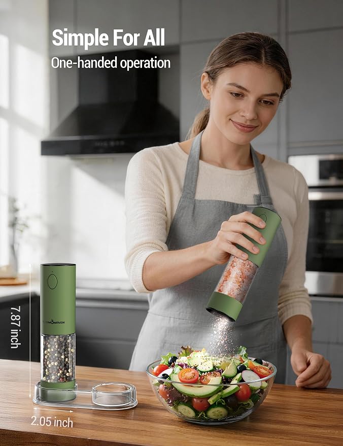 ThermoMaven Electric Salt and Pepper Grinder Set, 110ml Larger Rechargeable Automatic Salt and Pepper Mill Grinder with 6 Adjustable Coarseness, Electric Salt and Pepper Shakers, LED, Matcha