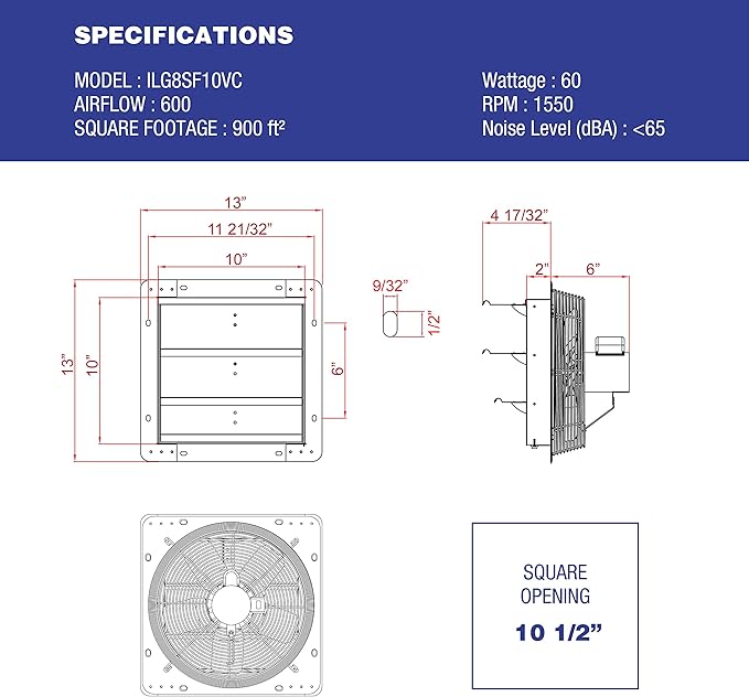 iLiving 10" Shutter Exhaust Fan with Wireless Smart Remote Controlled Thermostat and Humidity, Variable Speed Wall Mounted Attic Vent Fan, Chicken Coop Ventilation, 820 CFM, 1200 SQF Coverage Area