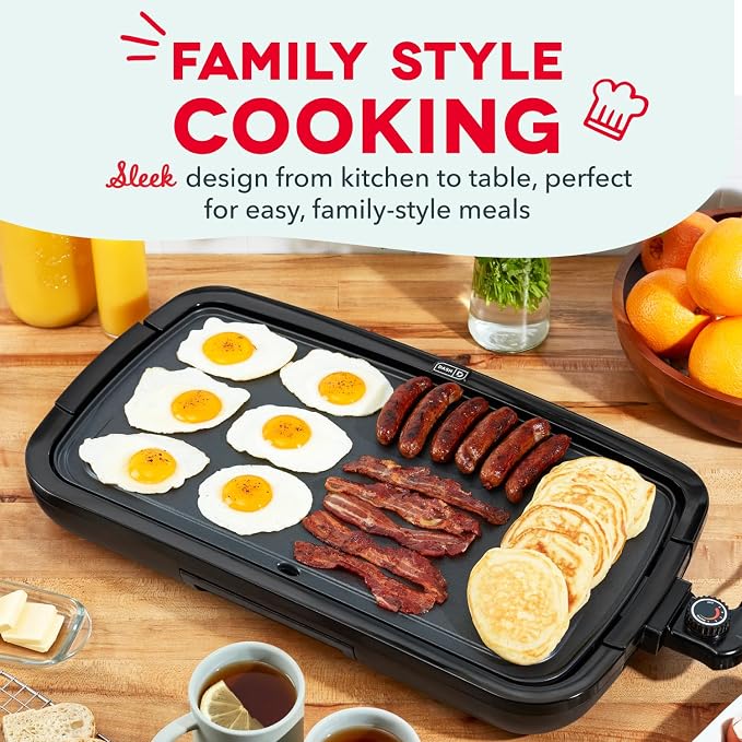 Dash Deluxe Everyday Griddle - Electric Griddle with Removable Plate - Nonstick, Easy-Clean Surface & Anti-Slip Base - Recipe Book Included - Black