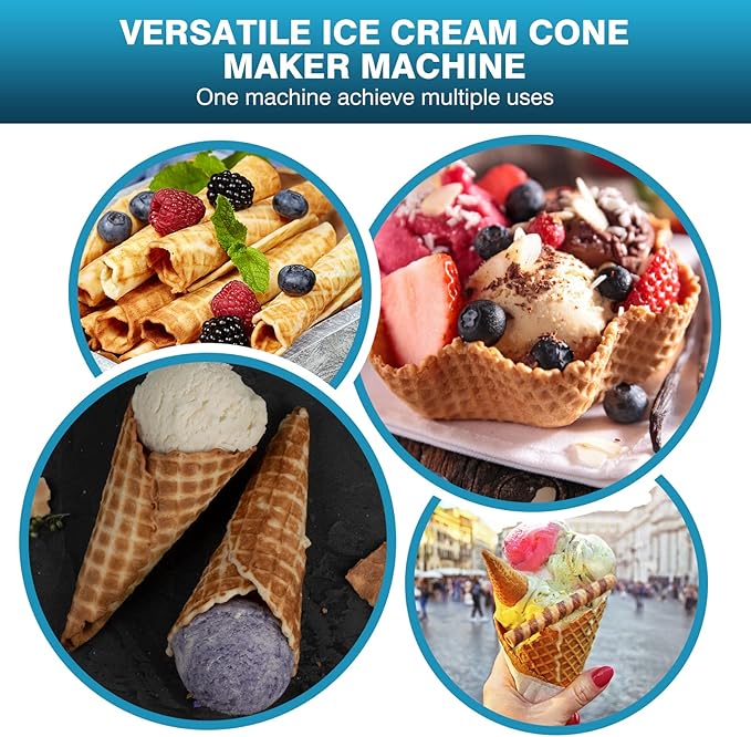 IRONWALLS Commercial Waffle Cone Maker Machine, 110V 1200W Stainless Steel Electric Ice Cream Cone Waffle Maker Machine with 8.3” Non-stick Baking Tray, Temperature & Time Control for Restaurant