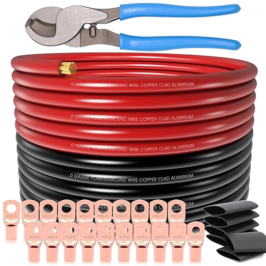40FT 0 Gauge Wire,1/0 Battery Cable Copper Clad Aluminum,20pcs Lugs Terminal Connectors with 3:1Heat Shrink Tube (40FT Wire+Cutter)