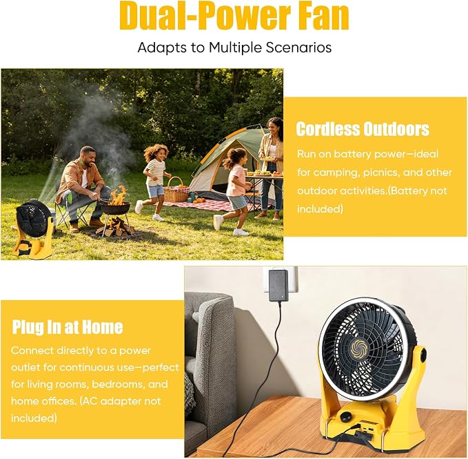 Cordless Fan for DeWalt 20V Battery – 10 Inch 650CFM Jobsite Fan for Construction Workers, Electricians & Garage Use | Variable Speed, 4.5Hr Runtime, USB-C Charging, Battery or AC Powered | Tool Only