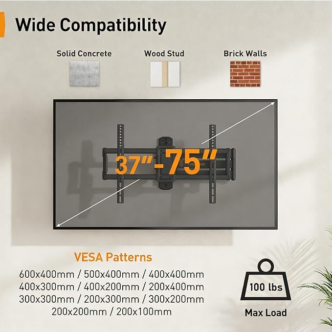Perlegear Corner TV Wall Mount Long Arm TV Mount Bracket for 37-75 Inch TVs-Full Motion Wall Mount with 32.37” Extension & Swivel Articulating Arm & Tilt, MAX VESA 600x400mm, Holds up to 100 lbs