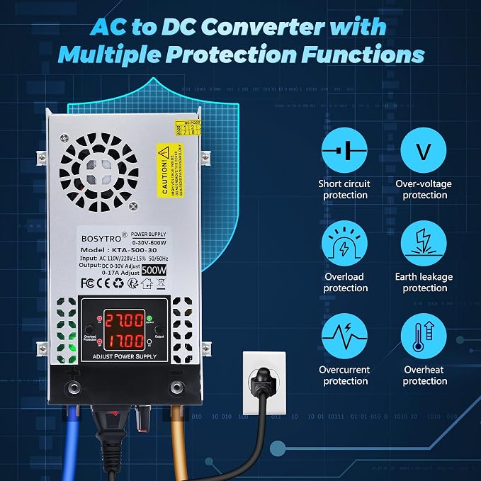 Upgraded AC to DC Converter 5V 12V 24V 30V DC Power Supply Adjustable 0-30V 0-17A 500W Switching Power Supply for Led Strip, Motor Pump, CCTV, 3D Printer, Lab Computer