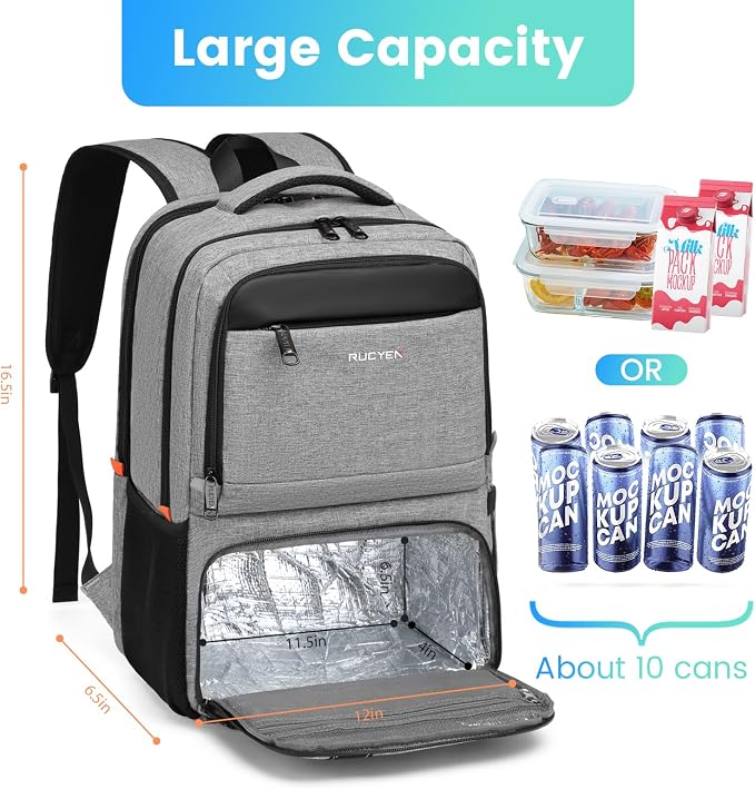 RUCYEN Lunch Backpack, Insulated Cooler Backpack Lunch Box for Men Women, 15.6 Inches RFID Blocking Laptop Backpack with USB Port for Work Travel Picnics Hiking Grey