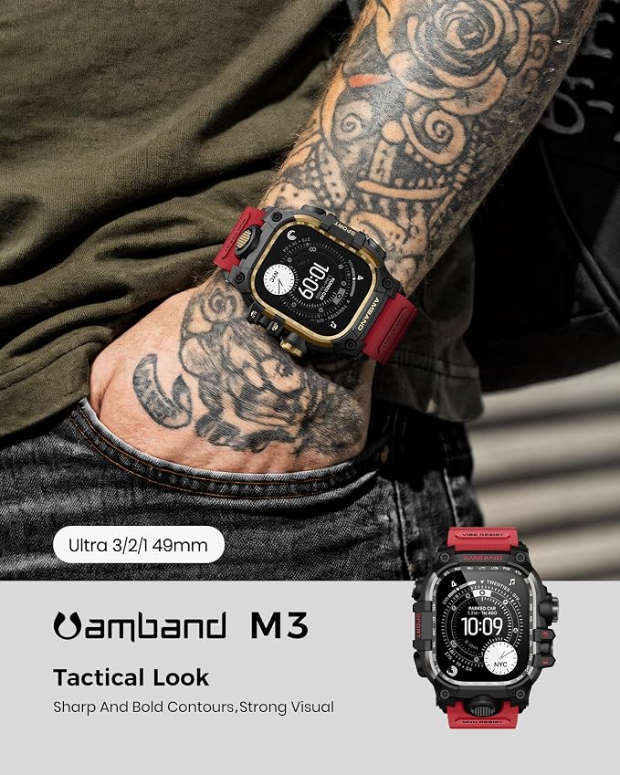 amBand Rugged Case with Band for Apple Watch Ultra 3/2/1 49mm, M3 Military Grade Shockproof Cover, Includes Screen Protector Kit, Tactical Band for Men - Compatible with iWatch Ultra, Red