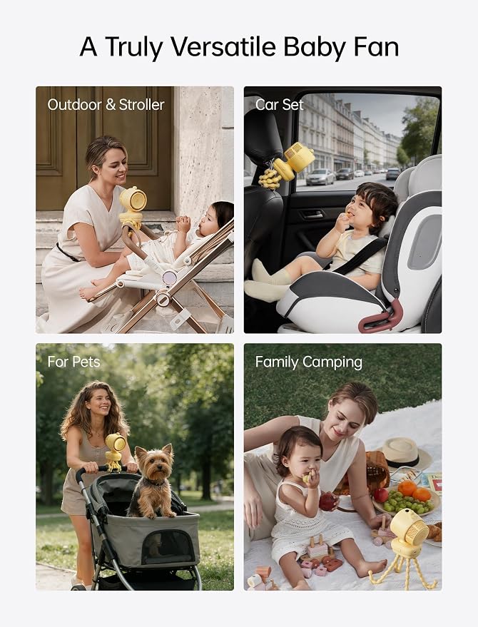 JISULIFE Chic Stroller Fan 2026 –Baby Cool Helper: Smart 120° Auto Oscillation with 100 Speeds, 21H Super-Long Battery, Portable Baby Fan for Crib, Stroller & Bedroom, Gift for Moms-Yellow(Quadpod)