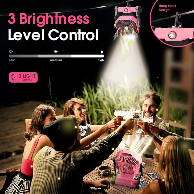 JINLICTE Portable Camping Fan, Rechargeable Battery Powered Tent Fans for Camp Hanging, [13-60Hrs Runtime], 9 Inch, Stepless Speed, Powerful&Quiet, for Picnic, Barbecue, Fishing, Travel, Home, Tent