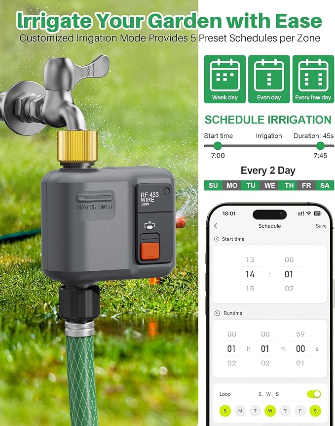 WiFi Water Timer for Garden Hose, WiFi Sprinkler Controller with 984ft RF Range, Strong Wall Penetration, Alexa & Google Voice/App Control WiFi Hose Timer with Rain Delay, Manual Mode