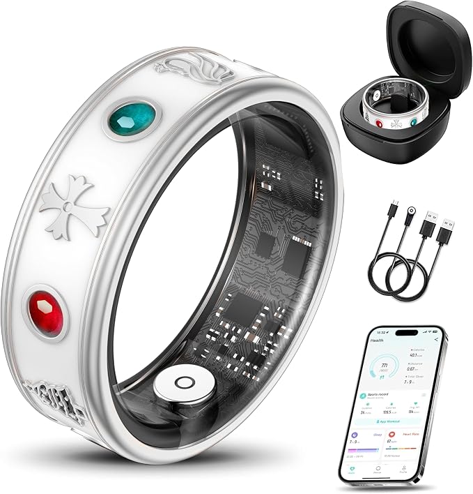 Smart Ring for Men, Fitness & Activity Tracker with Blood Pressure/Heart Rate Monitor, Sleep Tracker, Step Counter, IP68 Waterproof Ring for iOS & Android, Fast Charge, No Subscription (Silver,Size9)