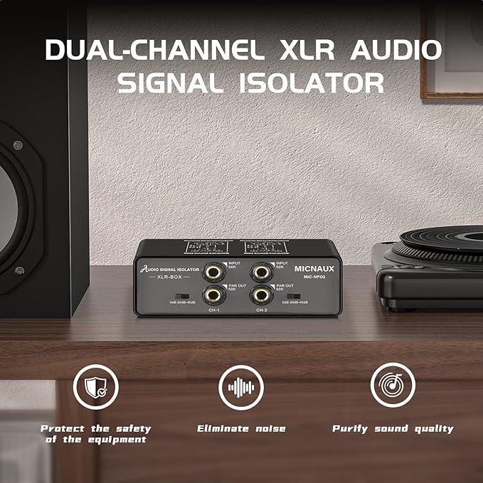 Dual-Channel Audio Signal Isolator with Ground Lift Switch, 3-Level Gain Attenuation (0/-20/-40dB), 600Ω High-Impedance Noise Filter Hum Eliminator for Home Audio, Studio & Live Sound Systems