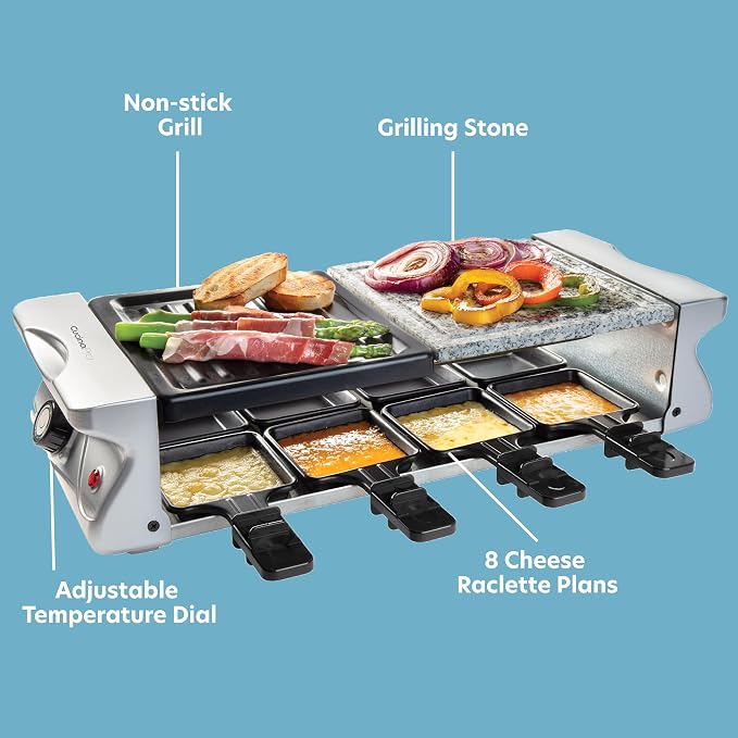 Electric Cheese Raclette Table Grill w Nonstick Grilling Plate & Cooking Stone- Indoor Smokeless Korean BBQ 8 Person Tabletop Cooker Hotplate- Melt or Grill Meat, Veggies for Home Dinner Party or Apps