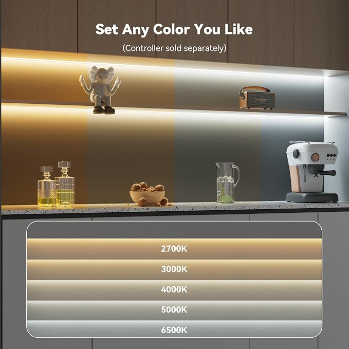 PAUTIX COB LED Strip Light White CCT Tunable 3200LEDs,CRI90+ 16.4ft/5m Dimmable 2700K-6500K 24V LED Tape Light,for Under Cabinet Bedroom Kitchen TV Mirror DIY Lighting(Adapter & Dimmer NOT Included)
