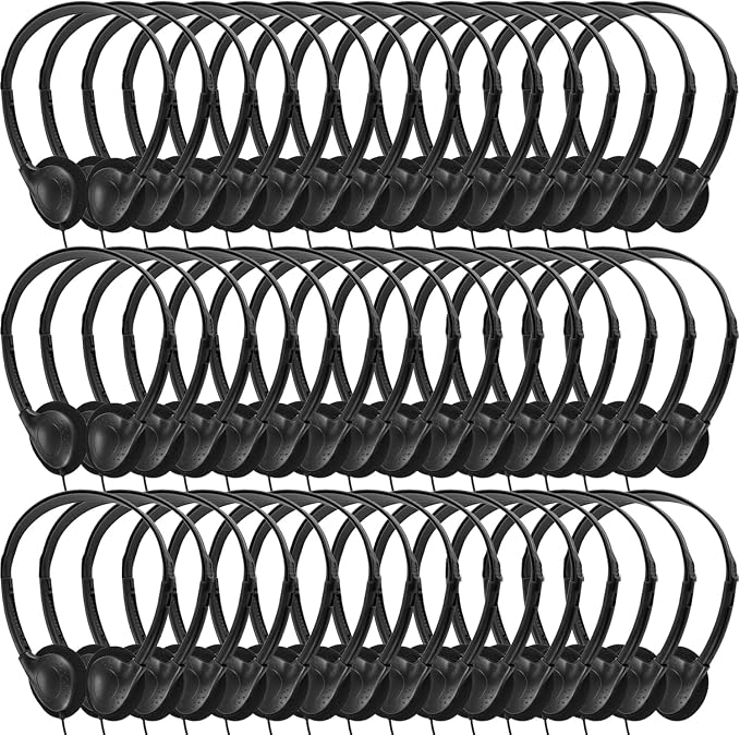Bulk Headphones 50 Pack for Kids School Classroom,Wholesale Wired Adjustable On Ear Earphones Class Set for Students Children Toddler Teens Boys Girls and Adult (GS857, Black)