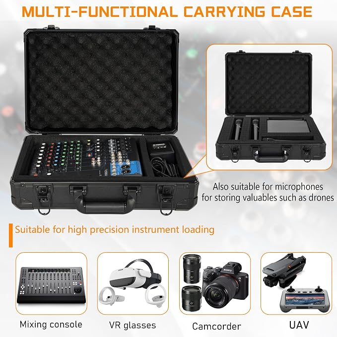 17 Inch Aluminum Carrying Case 17 X 12 X 6 Inch Ideal for Microphone & Camera Gear Transportation, DJ Mixer Case with Customizable Pre-Diced Foam, Black