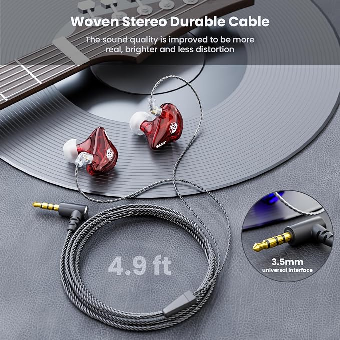 BASN Bsinger Professional in Ear Monitor Headphones, Dual Drivers 2-Pin IEM Earbuds with Mic, Clear Sound HiFi Earphones for Musicians Drummers and Stage (Red, 2-Pin)