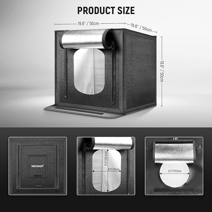 NEEWER 50W Upgraded Photo Studio Light Box, 20"x20" Portable Folding Photography Lightbox, 4 Backdrops, 5600K 192 LEDs 5310lx/0.5m Dimmable Picture Booth Shooting Tent for Jewelry Electronics, LP50