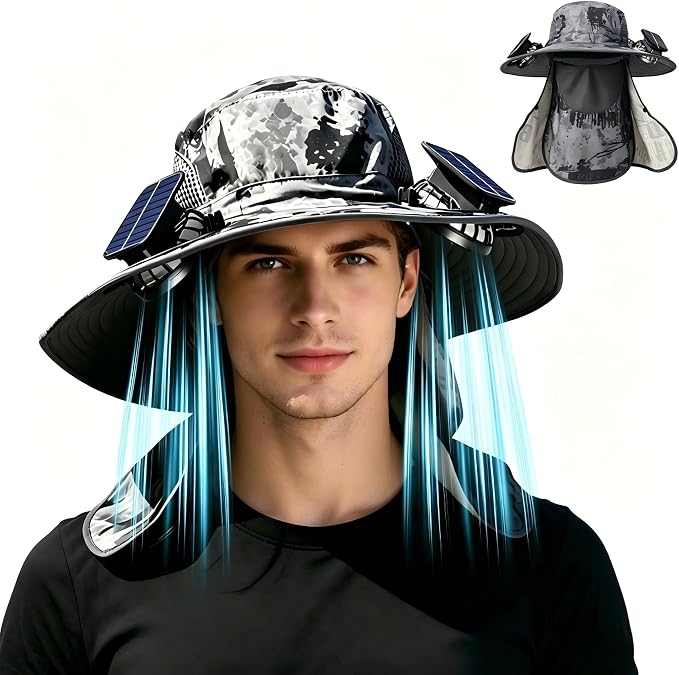 Wide Brim Solar Fan Hat for Men Women, 2026 3-in-1 Detachable Solar Powered Fan Hat, with Removable Neck Cap and Face Mask