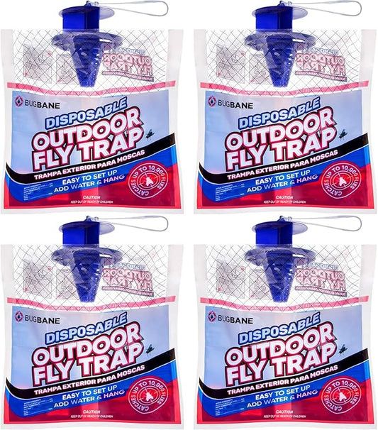 Fly Traps Outdoor Fly Trap for Patio. 4 Non-Toxic Pre-Baited Flies Bags Outdoor Disposable. Hanging Bug Catchers for All Filth Flies Killer for Outside Bug Control in Yard Horse Ranch Trash Can.