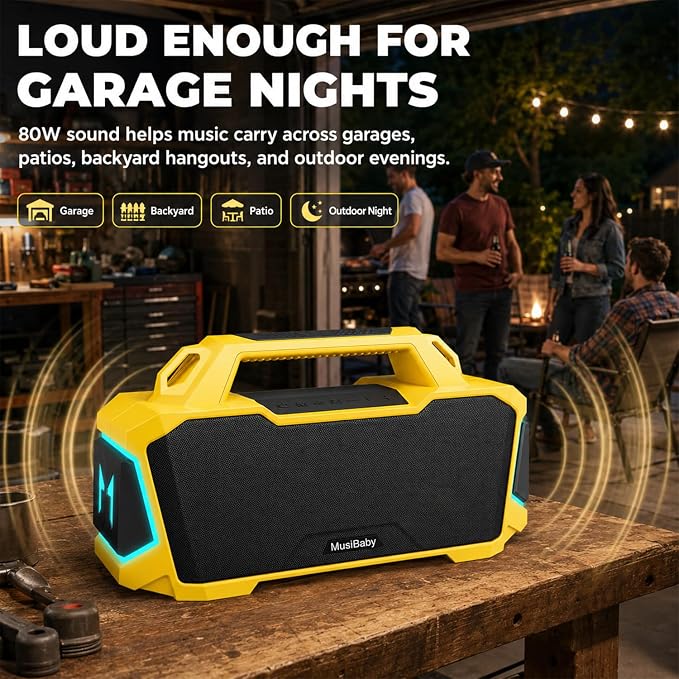 Musibaby 80W Portable Bluetooth Speaker, Loud Bass, IPX6 Waterproof, Yellow | Bright yellow speaker for picnic, tailgate, RV, workshop, projector nights, boat deck, cookouts, USB/AUX music.