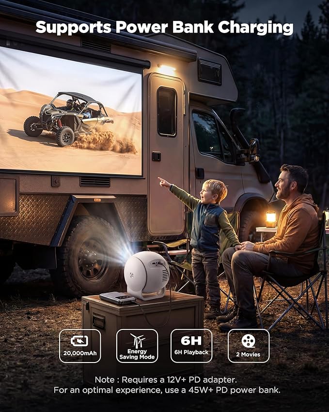 [ Ultra Short Throw & Built-in Apps ] Android 14 Smart Projector with WiFi and Bluetooth, 1080P FHD HDR10, Auto Focus/Keystone, Mini Portable Projector Support Power Bank for Bedroom/Outdoor, White