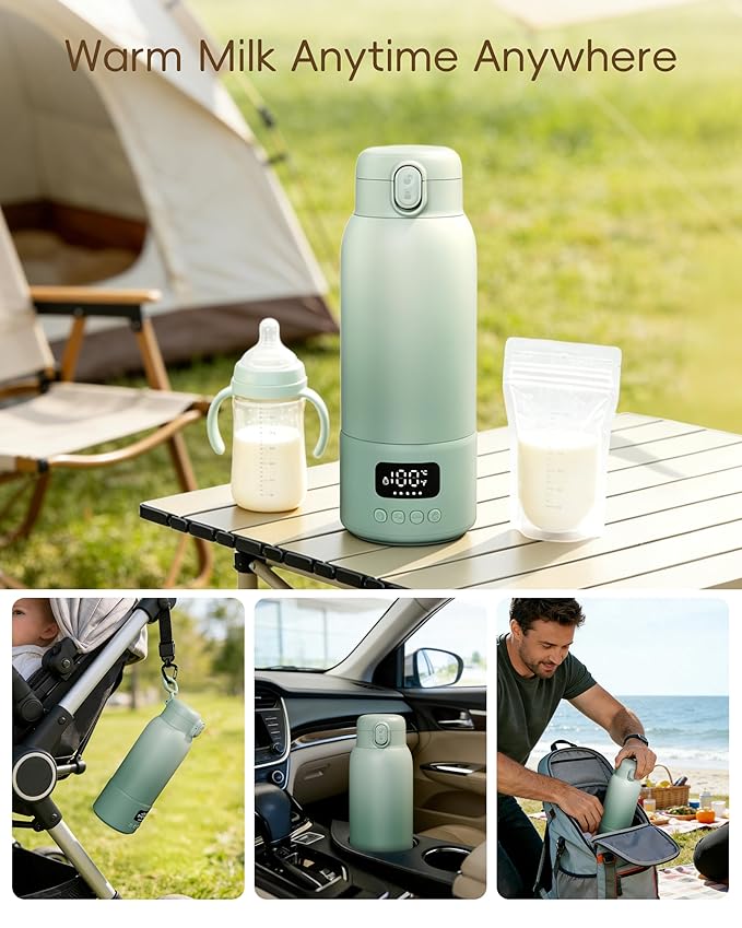 Portable Bottle Warmer for Travel, 17oz Large Capacity, 2-Min Fast Heating, Keep Warm Function, Long Battery Life, Ideal for Heating Breast Milk and Water On-the-Go, Green