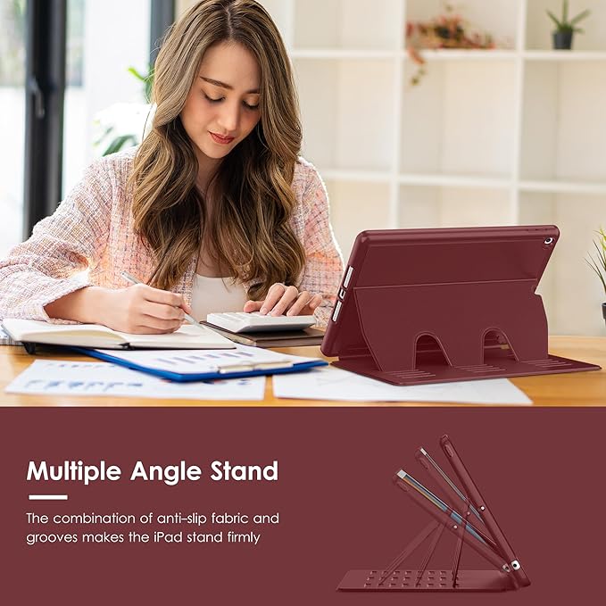 VIKESI Case for iPad 9th / 8th / 7th Generation 10.2 inch (2021/2020/2019 Released),Multiple Angles Magnetic Stand Cover,Shockproof Back,Pencil Holder,and Auto Sleep/Wake,Wine