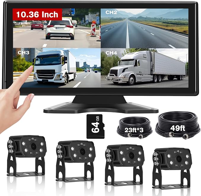 4 Channel Backup Camera System for Truck RV, 10.36” Touch Screen Monitor with 4 1080P Camera, Smart BSD Alert, DVR Loop Recording, IP69 Waterproof Night Vision Dash Cam for Trailer Camper, 64GB Card ﻿