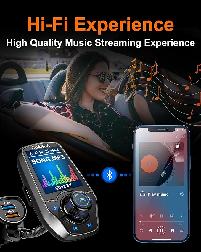 Upgraded Bluetooth 5.3 FM Transmitter for Car, Wireless Radio Adapter Kit W 1.8" Color Display Hands-Free Call AUX in/Out SD/TF Card USB Fast Charging 18W for All Smartphones Audio Players - Pewter