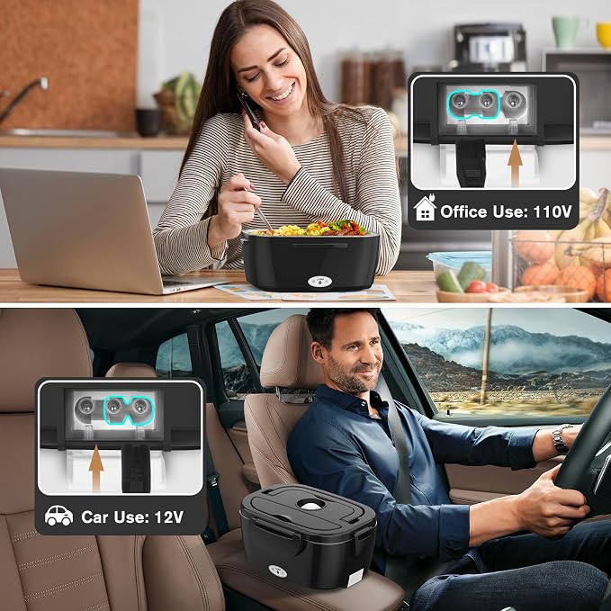 Vabaso Electric Lunch Box for Adults, 80W Heated Lunch Box with Dual 1.5L Stainless Steel Containers, Portable Food Warmer for Men Work Car Truck, 12V/24V/110V/220V -Black