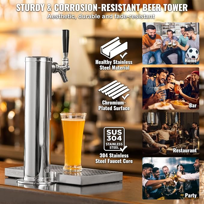 VEVOR Kegerator Tower Kit, Single Tap Beer Conversion Kit, Stainless Steel Keg Beer Tower Dispenser with Dual Gauge CGA320 Regulator & D-System Keg Coupler, Beer Drip Tray for Party Home
