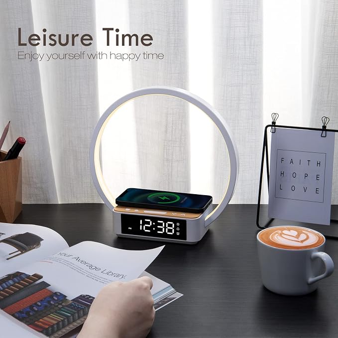 WILIT Bedside Lamp with Alarm Clock,Touch Lamp with Wireless Charger,Nightlight for Bedroom,Sunrise Wake-up Light,3-Grade Dimmable,Birthday Gifts for Her,Women,Men,Mom,Daughter,Girlfriend(Wood Grain)