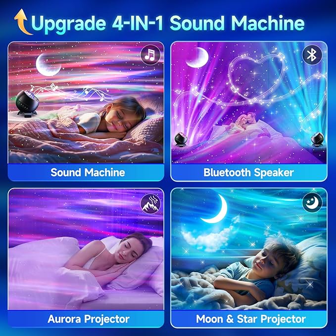 Sound Machine White Noise Machine for Sleeping, 15 Soothing Sounds & Bluetooth Speaker Aurora Light Projector, 15Colors White Noise Sound Machine Sensory Lights for Autism & Fidgets for Adult & Teen
