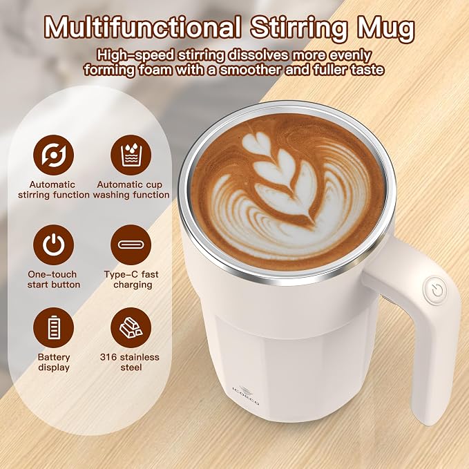 Self Stirring Coffee Mug, 12oz Rechargeable Magnetic Mixing Cup, 316 Stainless Steel Electric Stirring Cup with Lid & Handle for Coffee, Cocoa, Matcha, Creamer, Mushroom Coffee(Matcha Green)