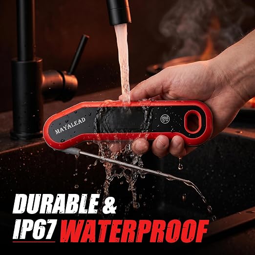 0.5 Sec Instant Read Meat Thermometer Digital Food Thermometer for Cooking Precise ±0.3℃, Magnet Store, Large Bright LED Display IP67 Waterproof BBQ Thermometer for Grill, Oven & Kitchen (Red)