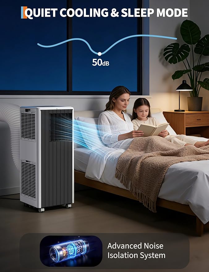 8000 BTU Portable Air Conditioner - 3 in-1 AC Unit Cools 350 Sq. Ft Rooms, Quiet 50 dB Operation w/Touch Control & Remote, Includes Window Kit & 24H Timer, Dehumidifier & Fan Modes for Bedroom, Black