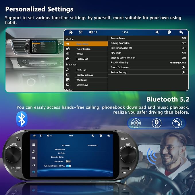 6" Single Din Touchscreen Car Stereo with Wireless Apple CarPlay & Android Auto,Dual Knobs,Bluetooth 5.2, FM/AM,EQ, USB,Type-C Fast Charging,8-LED Night Vision Backup Camera,Carplay Screen for Car