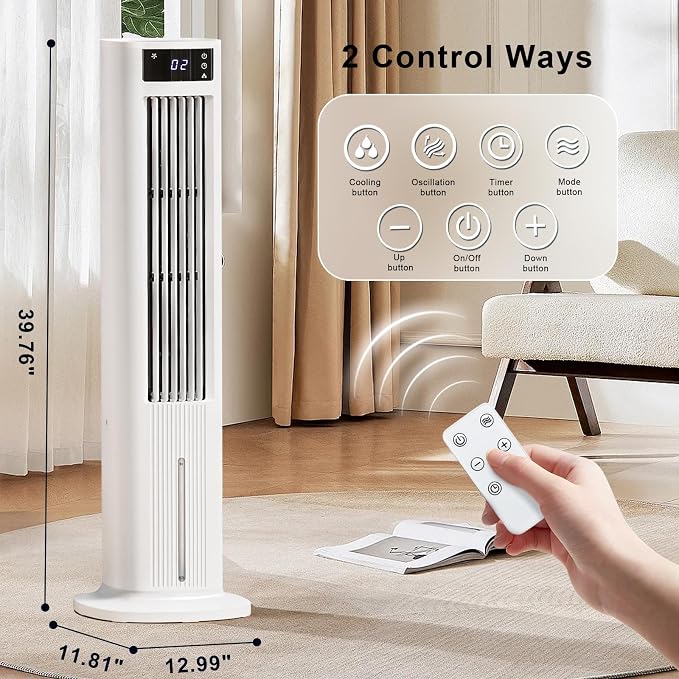 Antarctic Star 40" Evaporative Air Cooler, 24H Timer & Remote Control, Bladeless Tower Swamp Cooler, 80° Oscillation Cooling Fan with Removable Water Tank for Home Office